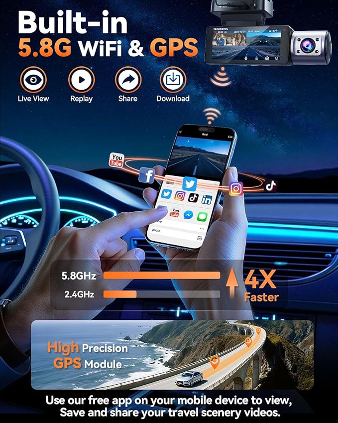 4K Dash Cam Front and Rear, Full HD 3 Channel Dashcam, Free 128GB Memory Card, Built-in 5.8GHz WiFi Built-in GPS, Collision Sensor, Night Vision, 3.16" IPS, 24H Parking Mode（Black）