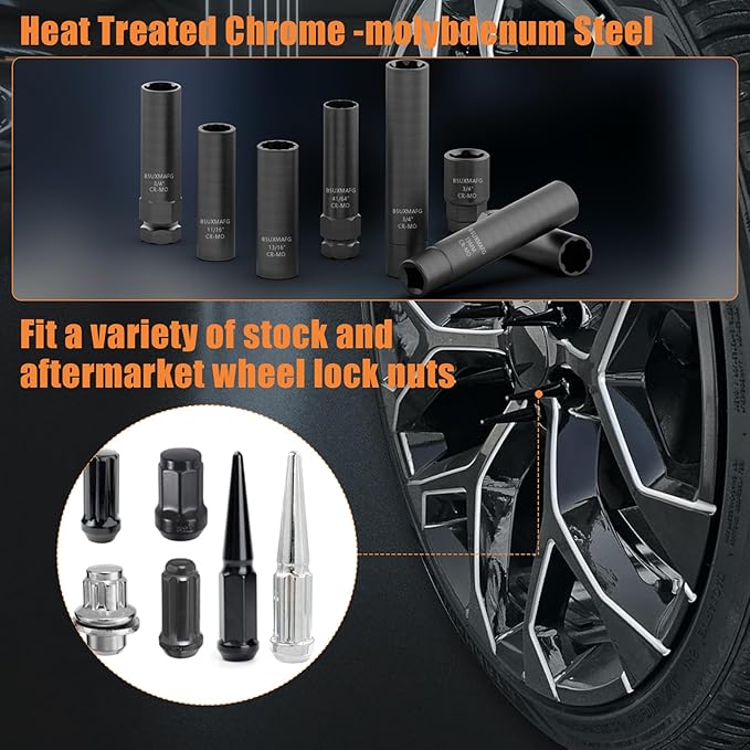 8Pcs Wheel Lock Removal Kit, Locking Lug Nut Master Key Set for Easily Removing Spline and Hex Style Aftermarket Wheel Lug Nuts, 5, 6, 7, 12 Spline and Spike Lug Nut Socket Key