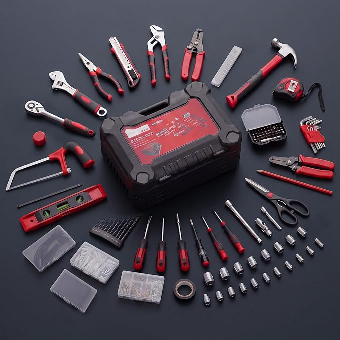 OLIXIS 330-Piece Home Repair Tool Kit with Pull-Out Drawer, Carbon & Cr-V Steel Tool Box for Home, Complete Homeowners Tool Kit for DIY & Auto Maintenance, Black-Red