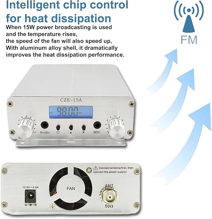 15W FM Transmitter, Long Range FM Broadcast Transmitter for Churches, Cars, Shopping Malls, Lecture Halls, Private Radio Stations with 3.5mm Mic Jack (15W)