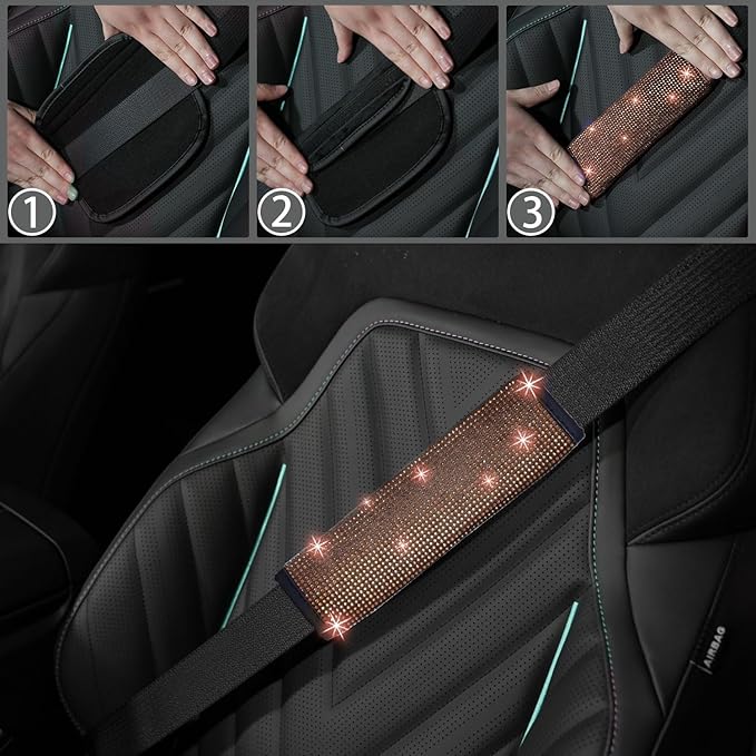 NBTEPEM 12 Pcs Bling Car Accessories Set for Women Car Floor Mats Full Set Steering Wheel Cover Seat Belt Covers Coasters Universal Fit Car SUV Truck Van Gold