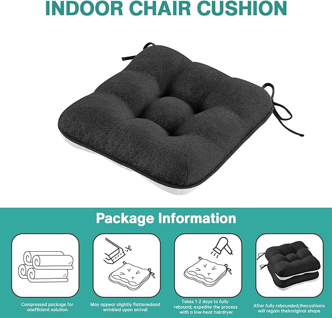 BETU Black Chair Cushions for Dining Chairs Set of 2,3.5" Thick Kitchen Table Chair Pads with Ties,Non Slip Backing and Covers,Seat Cushion for Dining Room,Bar,Patio Chairs,15.5"X15.5"X3.5",Black
