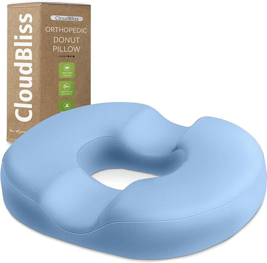CloudBliss Donut Pillow Seat Cushion Chair Pad for Tailbone Pain Relief and Hemorrhoids, Memory Foam Cushion for Men and Women for Home & Office, Light Blue