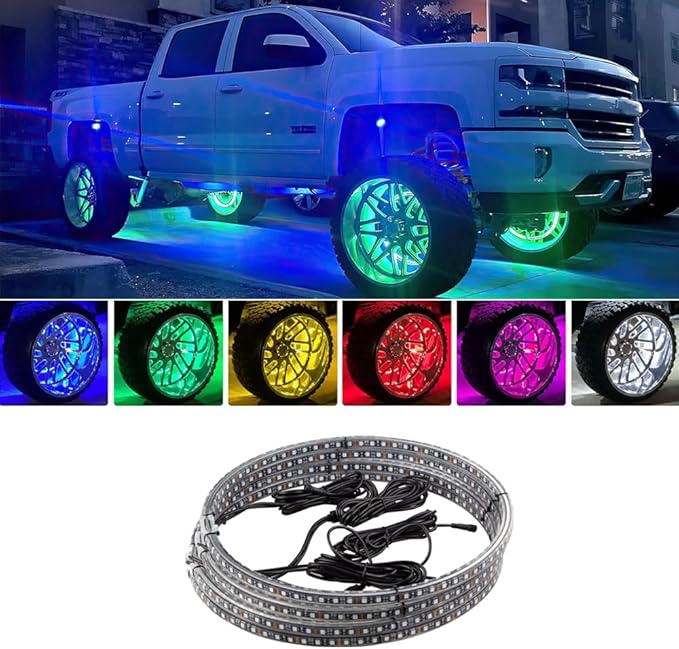 Blueshyhall 17 inch Row Wheel Ring Lights 4 Pcs for Truck Vehicle Offroad Car Pickup, Multi-Color RGB Color Chasing Dancing LED Rim Wheel Ring Lights