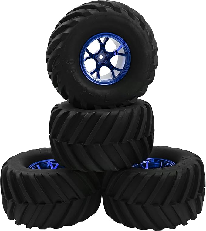 5.31''OD Rubber Tires & Wheel Rim 12mm Hex Hub Compatible with Traxxas Rustler HPI HSP Volcano Tamiya Exceed Himoto 1/10 Off-Road Monster Truck,135mmx73mm (Blue)