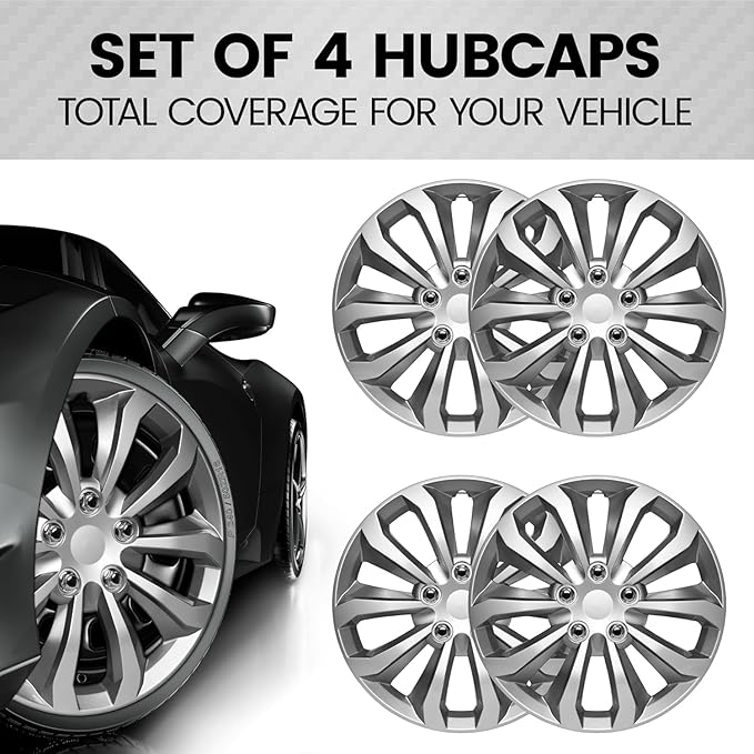 BDK Hubcaps Wheel Covers for Cars Premium Silver and Gunmetal Hubcaps 16" Wheel Rim Cover Replacement Snap On Hubcaps for Toyota Camry Corolla Style Automotive (4-Pack)