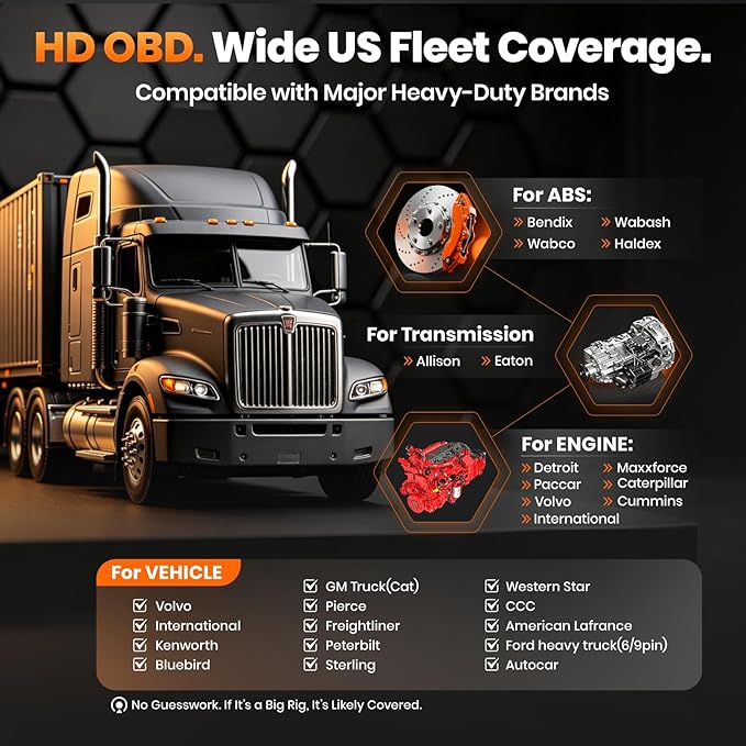 ANCEL New HD601 Heavy Duty Truck Scanner, Diesel Full System Diagnostic Scan Tool Fits for Cummins, Detroit, Volvo, Paccar & Caterpillar, 2 in 1 HDOBD & OBD2 Code Reader for Commercial Vehicles & Cars