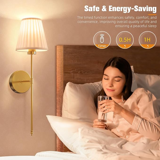 NIORSUN Battery Operated Wall Sconce Set of 2,Beige-Gold Rechargeable Wall Lights with 10400mAh Dimmable Bulbs and Remote, 9 Colors Wireless Wall Lamps for Bedroom Living Room Hallway