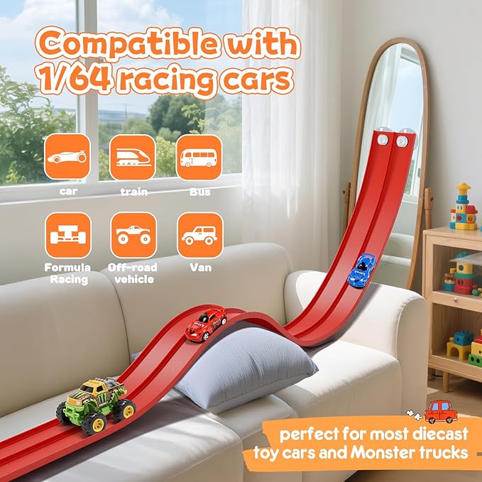KETIEE Flex Tracks 16Ft for Kids: Flexible Race Car Ramp Track with 2 Small Racecars and 4 Suction Cups Compatible with Diecast 1/64th Cars, Rolls Up Portable Racetrack for Ages 3 & Up