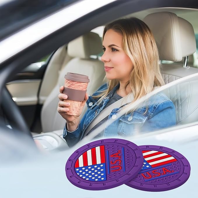 AUCELI 4 Pack Car Cup Holder Coasters, Colored American Flag US Flag Insert Car Cup Coaster, 2.75 Inch Anti Slip Shockproof Embedded Drink Mat, Vehicle Interior Decor Accessories
