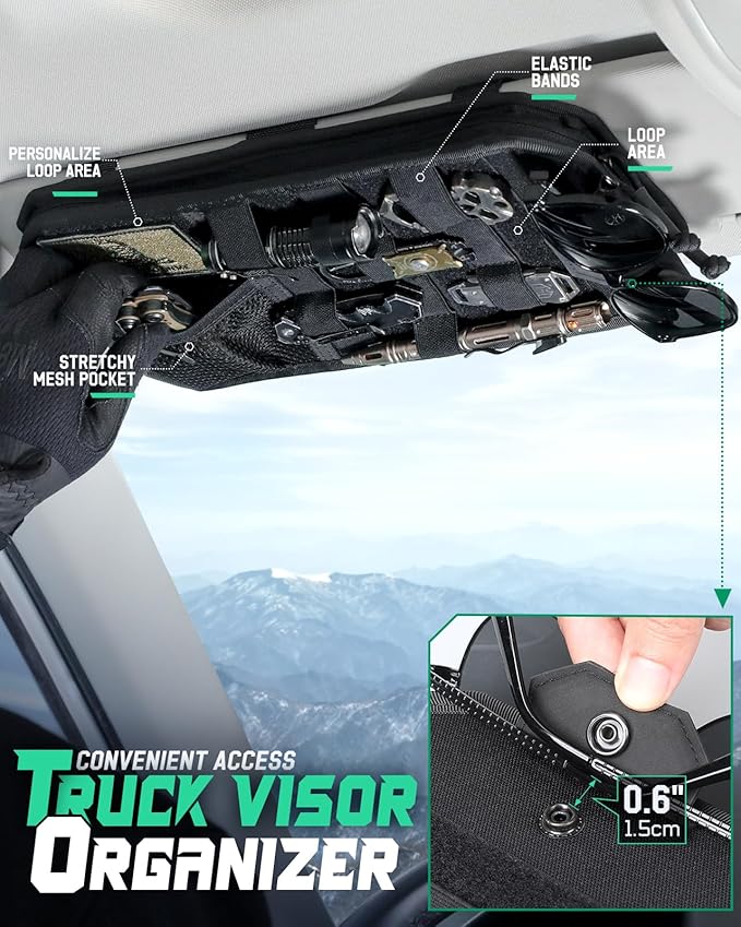 LIVANS Tactical Car Sun Visor Organizer, Auto Accessories Semi-Rigid Molle Panel with Zipper Storage Pouch & Glasses Holder, Gift for Car Gear, Fit Cars, Trucks, Suvs, Jeeps & Patrols(Black)