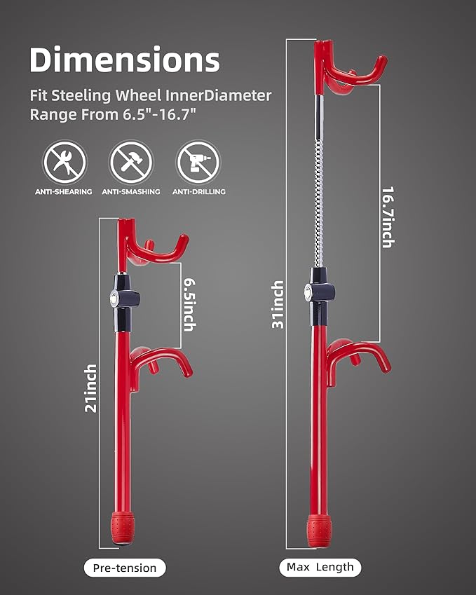 Dodomes Steering Wheel Lock Anti-Theft Heavy Duty Secure Car Device, Adjustable Length Clamp Double Hook Locks Universal Fit Red