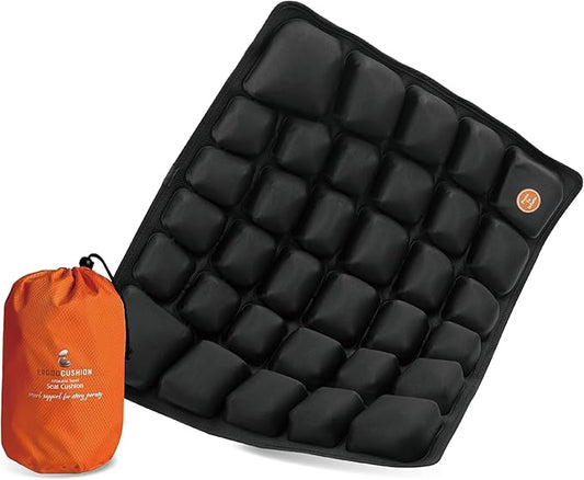 Inflatable Travel Seat Cushion with Built‑in Manual Pump, Adjustable Firmness & Compact Storage –Firm Support for Airplane, Car & Office Chairs, Generous 18x16, Carry Bag Included