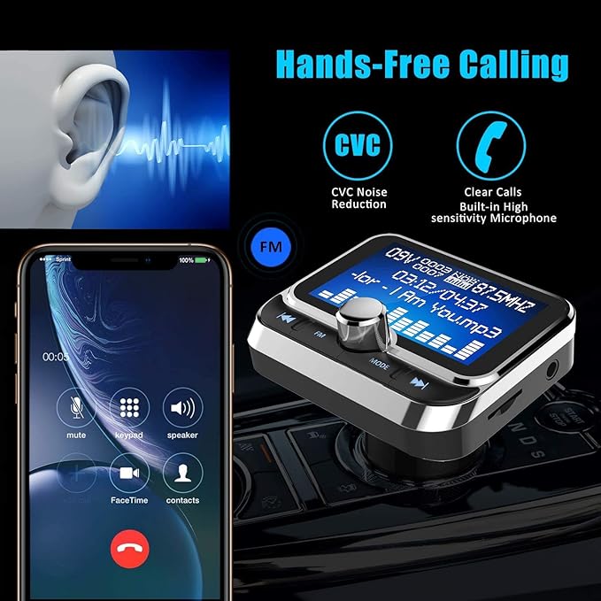 Bluetooth FM Transmitter for Car, Wireless Bluetooth 5.0 Radio Adapter Car Kit with Handsfree Calling 2 USB Ports Voltage Detection Support TF Card U-Disk