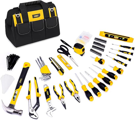 DELI 355-Piece Home Tool Set, Household Repairing Tool Kit with 14-Inch Wide Mouth Open Storage Tool Bag, Yellow