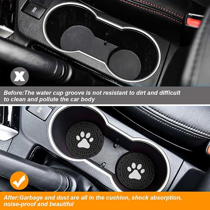 Osilly Car Cup Holder Coaster, 4 Pack PVC Paw Print Anti Slip Insert Coasters, 2.75 Inch Universal Cute Dog Paw Auto Drink Mat, Car Interior Accessories Decor for SUV, Truck, RV and More (Black)
