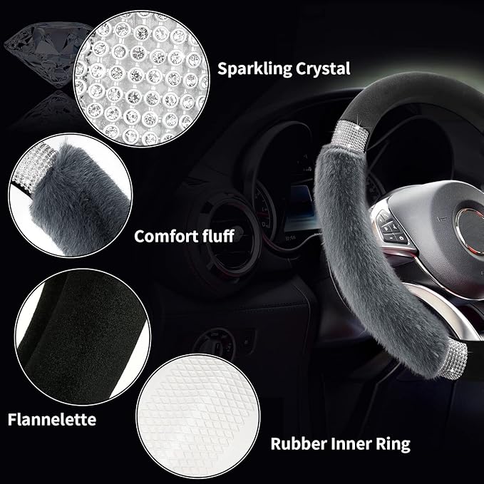 Achiou Rhinestone Fluffy Steering Wheel Cover - Comfortable Non-Slip Luxury Faux Wool, Universal Fit for 14.5" to 15" Steering Wheels