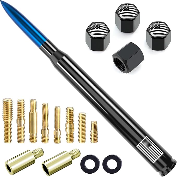 Car Truck Bullet Antenna with Tire Valve Caps American Flag Universal Short Replacement for GMC Sierra Chevy Silverado Dodge Ram 1500 2500 3500 Ford F150 F250 F350 Raptor Accessories, Blue