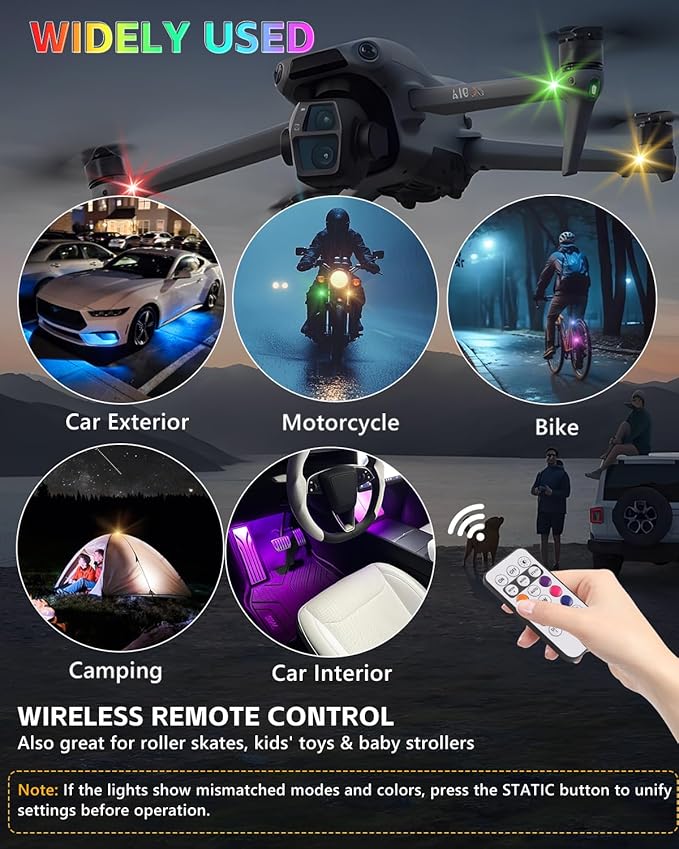 Upgraded 4PCS Wireless LED Strobe Lights for Car, 8 Colors Interior Car Lights with Remote Control, USB-C charging Warning Light for Car Motorcycle Drone Bike Decor