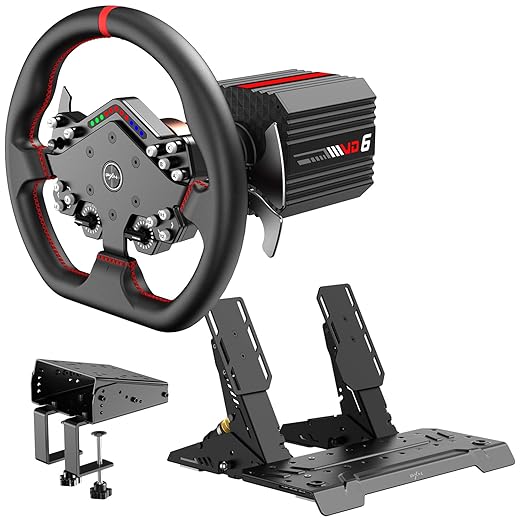PXN VD6 Direct Drive Bundle - PC Steering Wheel and Pedals – 6 Nm Direct Drive Servo Motor Base, W DS R2 Racing Wheel, Hall Effect 2-Pedal, and Table Clamp – Professional Sim Racing Setup for Windows PC (7–11)