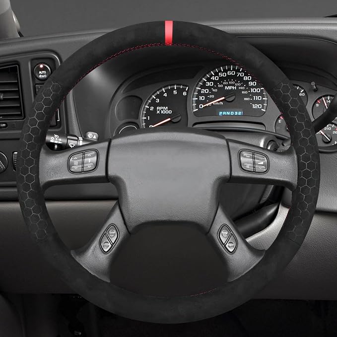 MEWANT Hand Stitched Steering Wheel Cover for Chevy Silverado 1500 2003-2006 Black Hive Embossed Athsuede Steering Wrap