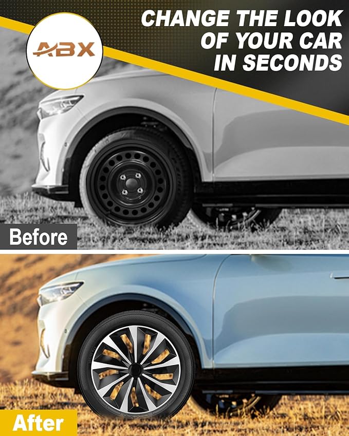 ABX Hubcaps, 15 inch hubcaps Set of 4, Wheel Rim Cover ABS Material, Snap On Car Truck SUV Replacement, for Toyota Camry Nissan Mazda etc, Black & Silver