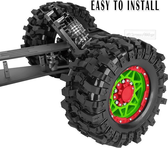 1/10 Scale RC Truck Tires,Wheels and Tires w/12/14/17MM Hex for Rustler Stampede Hoss,Arrm a Granite Vorteks Big Rock 3S,1/10 Off Road Tires Rubber Truck Tyres w/Foam Insert,Green w/Red