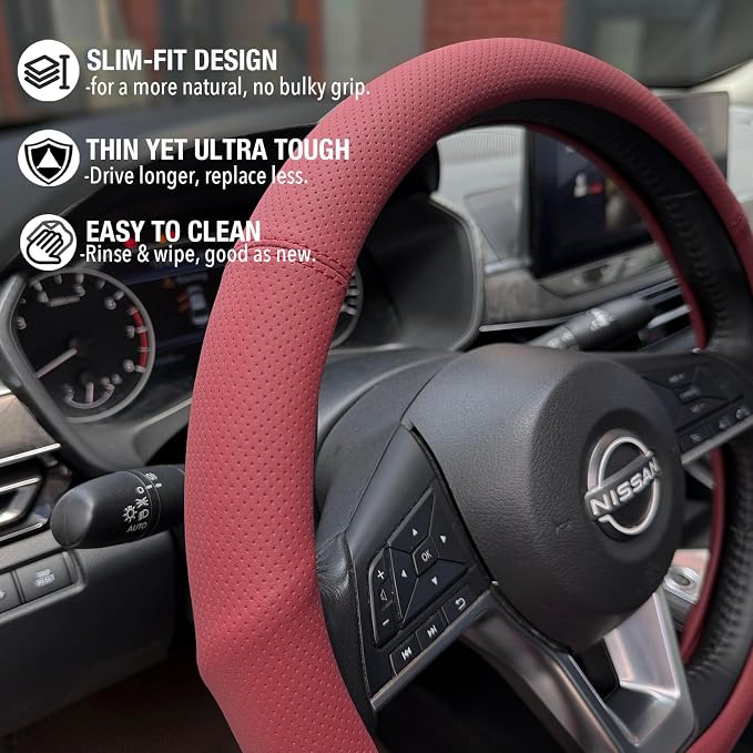 PINCTROT D Shaped Nappa Leather Steering Wheel Cover with Ergonomic Palm Support Grip, Full Perforated Breathable, Slim Fit No Bulk Design, Flat Bottom 14.5-15 Inch (Burgundy Red)