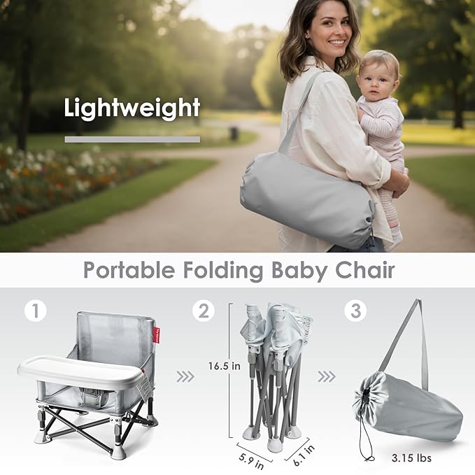 Tiny Marvels Portable Booster Seat, Foldable Baby High Chair with Removable Tray, Safety Harness & Carry Bag – for Toddlers Ages 6M-3Y, Ideal for Dining, Travel, Camping & Family Time