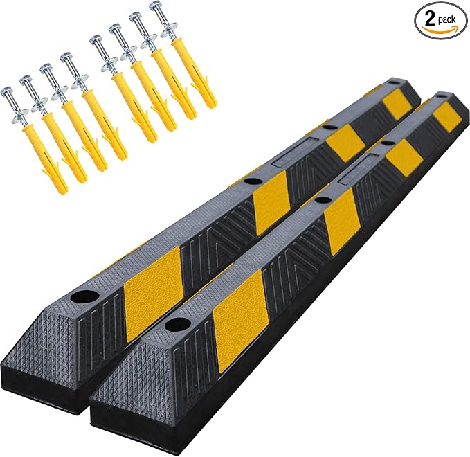 72" Heavy-Duty Rubber Parking Curb, Installation Kits Included 6-Foot Wheel Stopper for Garage, Driveway & Parking Lot Vehicles Truck Driveway Protect Cars Vans Trucks Pumpers (72" - 2Pack)