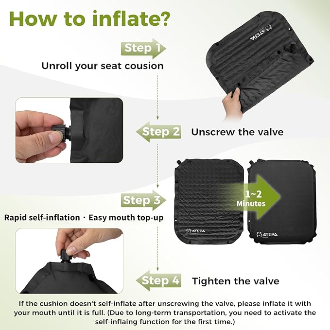 ATEPA Inflatable Seat Cushion, Compact Self-Inflating Seat Cushion for Stadium Airplane Air Travel Bleacher Camping, Blow Up Foam Seat Pad for Outdoor Sports Events Backpacking Hiking Sitting