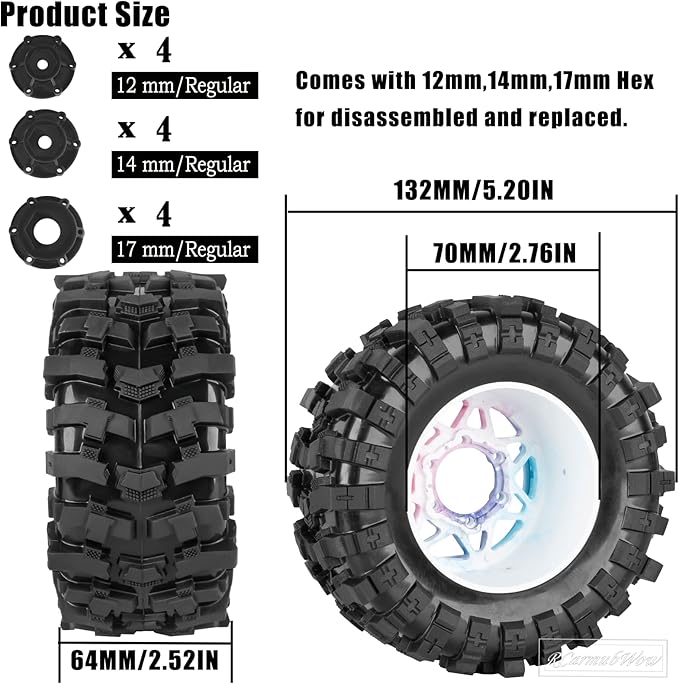 1/10 Scale RC Truck Tires,Wheels and Tires w/12MM/14MM Hex for Rustler Stampede Hoss, Granite Vorteks Big Rock 3S,1/10 Off Road Tires Rubber Truck Tyres w/Foam Insert,Multicolored