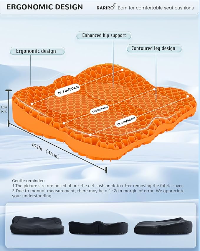 Gel Seat Cushion for Long Sitting(Enlarged&Thickened), Cooling Pressure Relief Seat Cushion for Wheelchair, Driving, Kayak, Office Desk Chair Seat Pad Gel for Heavy People[Orange-19.7" Large]
