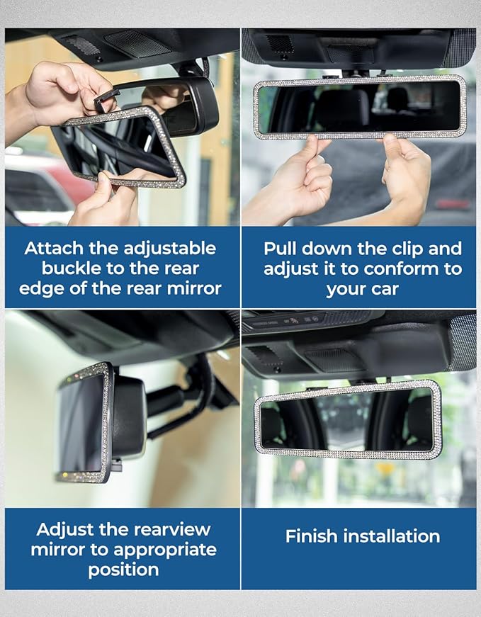 JOYTUTUS Rear View Mirror, Universal 12 Inch Panoramic Rearview Accessories with Bling Rhinestones Crystal Diamonds Edge, Interior Clip-on Wide Angle Rear View Mirror -White