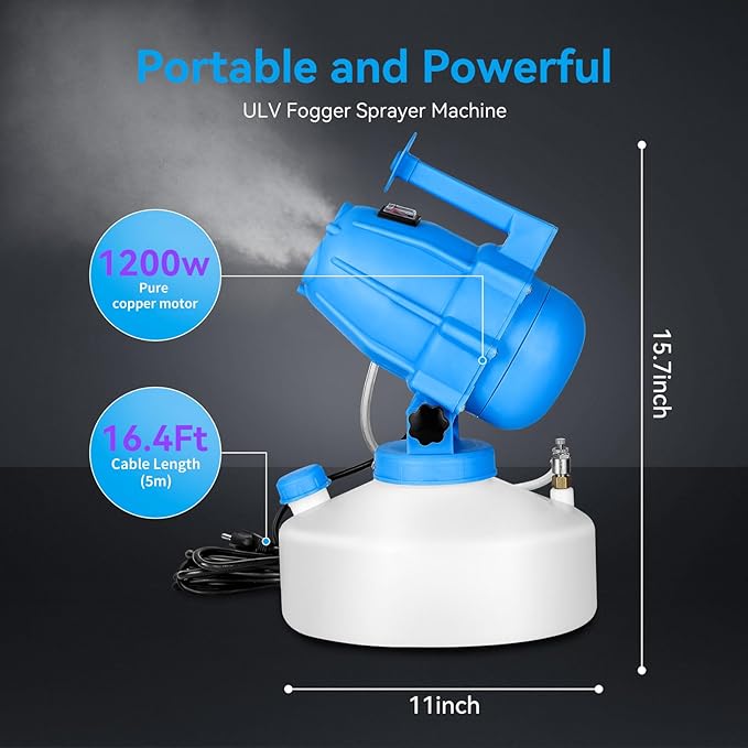 5L (1.3 Gallon) Electric ULV Fogger Machine with 3 Nozzles, Portable Sprayer Cold Fogger Machine Spraying Adjustable Flow Rate Distance 30ft for Home Hotel Church School Yard Garden