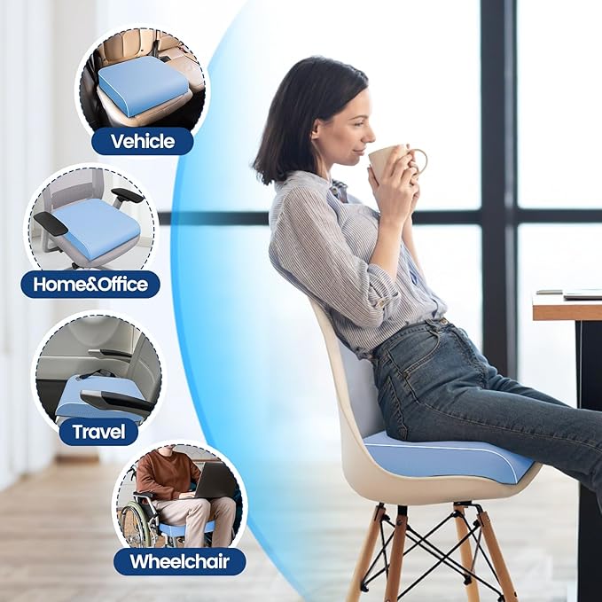 SweetSlubr Seat Cushion for Tailbone Pain Relief, Office Chair Cushion, Memory Foam Large Chair Cushion with Non-Slip Cover for Soft Support at Office Chair, Car Seat, Airplane Light Blue/2X-Large