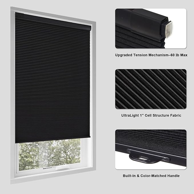 Tonature No Drill Cellular Shades for Indoor Windows, Thermal Insulating & Noise Reducing Honeycomb Blinds, Free Stop Cordless Blackout Shades, Black, 23 1/2" W x 64" H