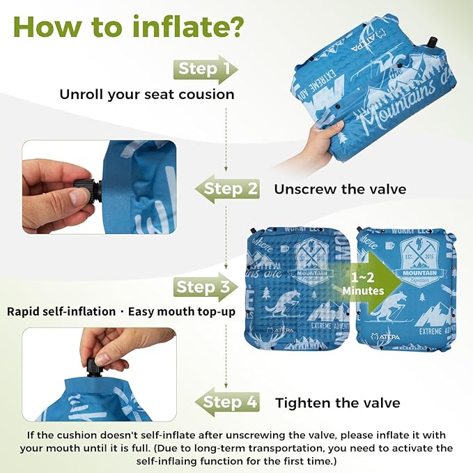 ATEPA Inflatable Seat Cushion, Compact Self-Inflating Seat Cushion for Stadium Airplane Air Travel Bleacher Camping, Blow Up Foam Seat Pad for Outdoor Sports Events Backpacking Hiking Sitting