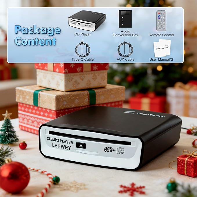 Lehwey USB CD Player for Car, External Car Cd Players with AUX & FM Transmitter, Portable CD Player for Cars Without CD Drive, Anti-Skip, Remote Control, Works with Most Cars, SUVs, Trucks