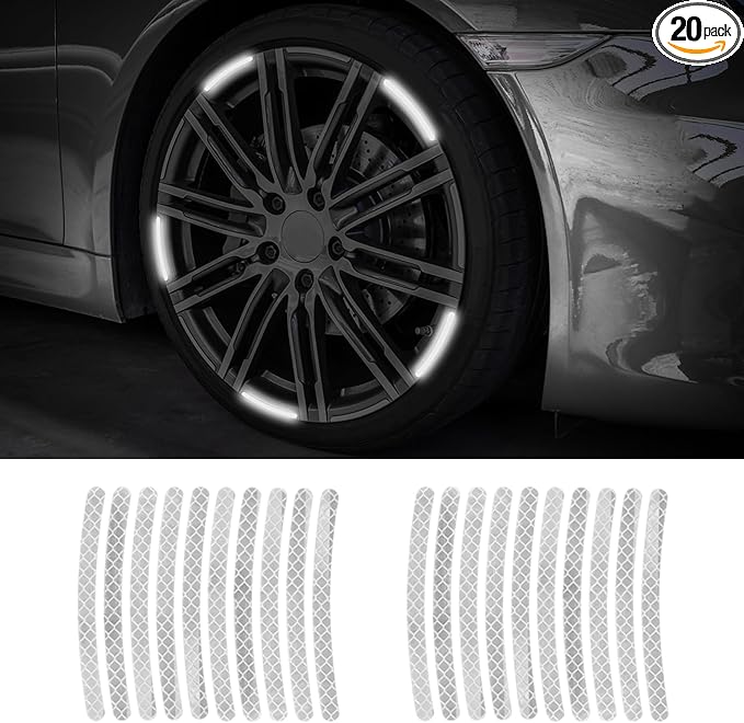 20PCS Reflective Car Wheel Decorative Stripe Stickers, Night Safety Warning Tape Sticker, Anti-Scratch Tire Rims Sticker, Universal Car Exterior Accessories Fluorescent Auto Decals for Motocycle Bike