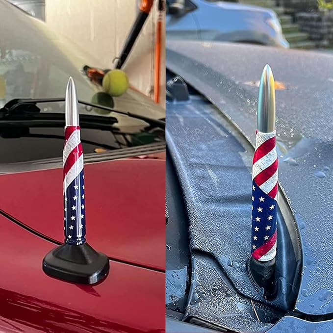 American Flag Car Truck Bullet Antenna with Valve Stem Caps, Universal Antenna Mast for GM Chevy Silverado 1500 2500 3500 HD Avalanche Ford F150 F250 F350 Heavy Duty Pickup Jeep Accessories (Silver)