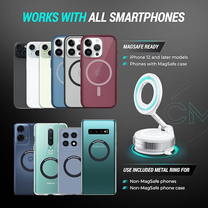 CARMOUNT Clutch-X™ White – Upgraded Vacuum Phone Mount Suction Cup Car Phone Holder for iPhone, Window Phone Mount, 360° Vacuum Magnetic Phone Holder for Car, Magnetic Phone Holder with Suction Cup