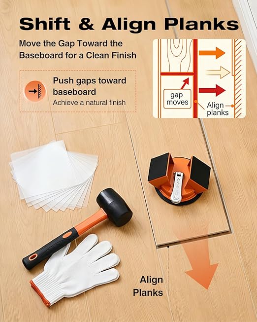 Saker Floor Gap Fixer Tool Kit with Mallet, 10PCS Washable Pads & Gloves, Suction Cup Tool for Laminate Floor Gap Repair, Vinyl Plank & Wood Floors (Single Suction Cup+Rubber Mallet)
