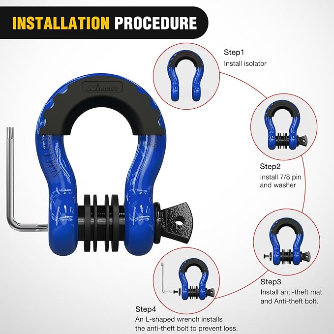 Nilight 3/4 inch D Ring Shackle 2 Pack 19T (41,887 lbs) Break Strength 4.75T WLL Heavy Duty Towing Hook with Anti-Theft System Anti-Rattle Isolators for Truck Jeep SUV ATV UTV Recovery Blue