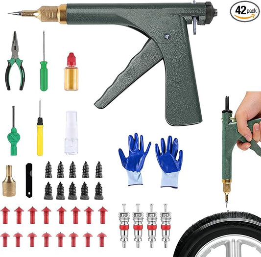 Tire Repair Kits Tubeless Tire Puncture Repair Kit with Mushroom Plug, Repairs punctures and Flat Tires for Motorcycles, Cars, Trucks, ATVs,Gun Puncture Repair Kit(Air pump not included Green)