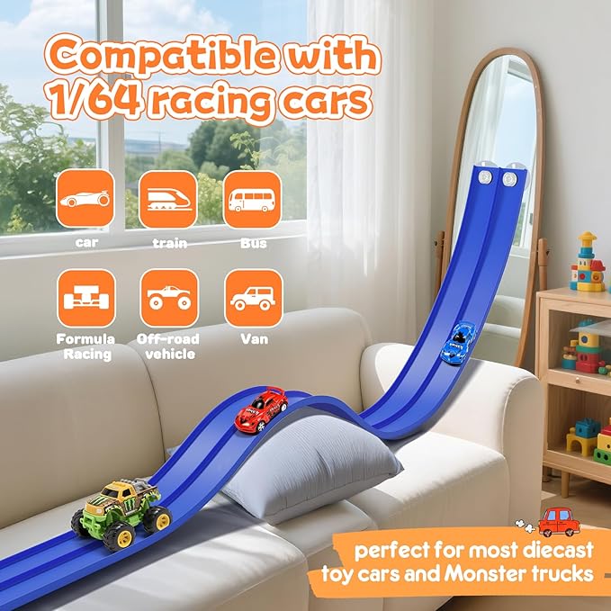 KETIEE Flex Tracks 16Ft for Kids: Flexible Race Car Ramp Track with 2 Small Racecars and 4 Suction Cups Compatible with Diecast 1/64th Cars, Rolls Up Portable Racetrack for Ages 3 & Up