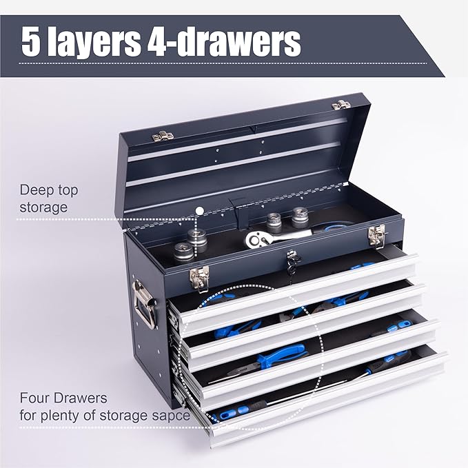 21" Portable 4 Drawer Steel Toolbox, 5 Layers of Tools with Metal Latches, with Top Storage Tray and Carrying Handle, Multi-Function Tool Chest for Garage, Home,or Workbench（grey）