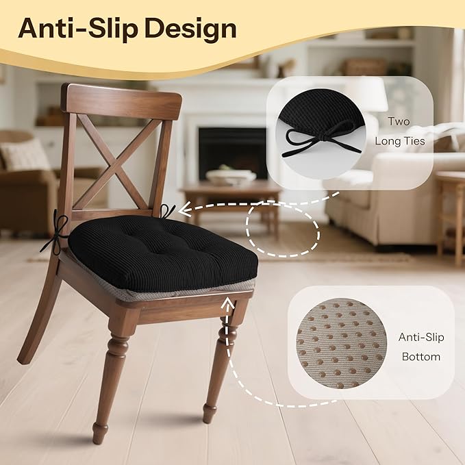 Indoor Kitchen Chair Cushions Set of 2 18"X16.5"X3" Soft Anti Slip Dining Chair Pads Tufted Kitchen Seat Cushion with Ties, Black