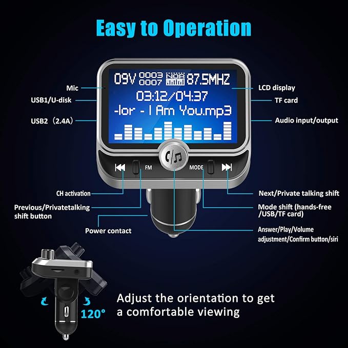 Bluetooth FM Transmitter for Car, Wireless Radio Adapter Hands-Free Kit With 1.8 Inch Display, Dual USB Charger, AUX Input/Output, TF Card Mp3 Player, Silver