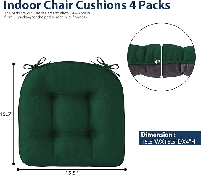 IASEAHK Chair Cushions for Dining Chairs, Seat Cushions for Kitchen Chairs, Indoor Seat Cushions with Ties, Tufted Foam Chair Pads, Non Slip Chair Cushions Set of 4, 15.5" x 15.5" x 4", Dark Green